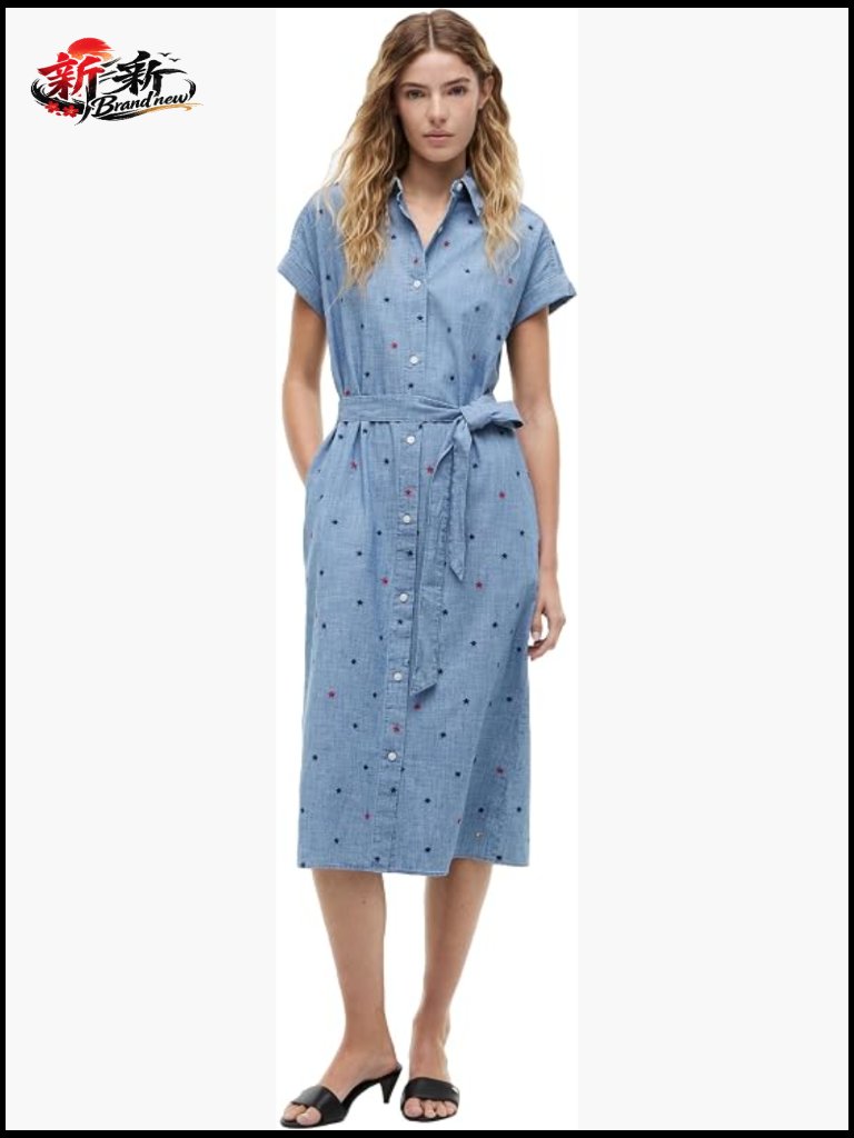 Cotton Chambray Shirt Dress With Button Front And Waist Tie